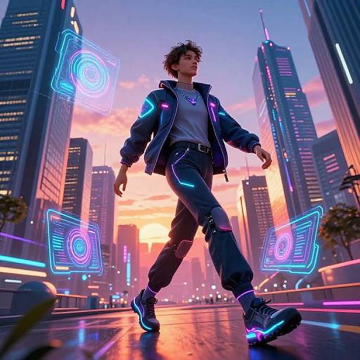 Digital artwork of a young man in neon-lit futuristic city, wearing a glowing blue jacket and pants, with holographic blue lights floating around him at