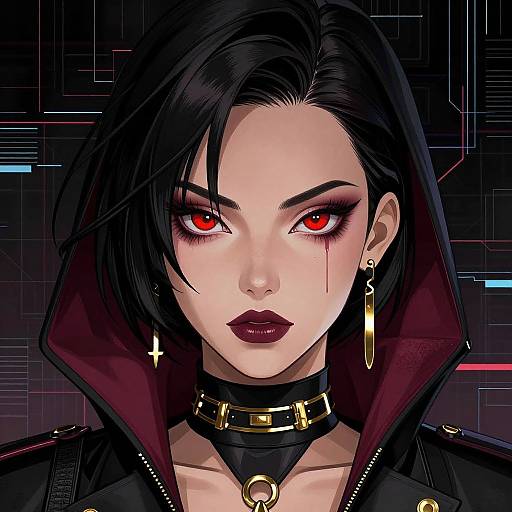 Digital anime-style portrait of a pale-skinned woman with black hair, red eyes, dark lipstick, gold earrings, and collar, against a dark,