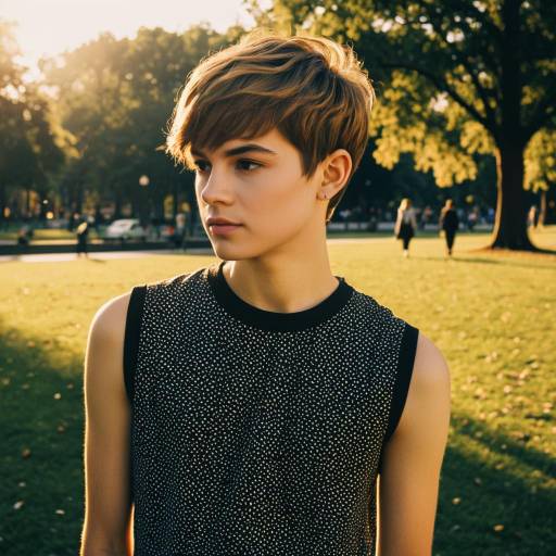Teenage boy with pixie cut in city park