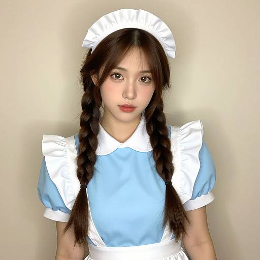 Photograph of an Asian woman with long black hair in twin braids, wearing a light blue and white maid outfit with a headpiece, against a