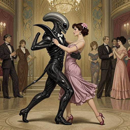 Digital artwork: Alien dancing with a pink-dressed woman in an opulent ballroom, surrounded by elegantly dressed onlookers in formal attire.