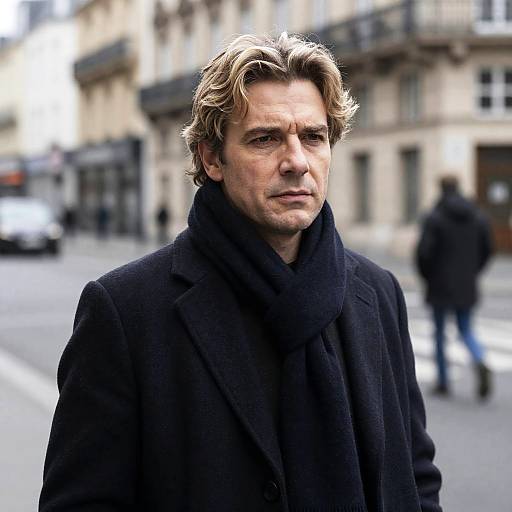 Middle-Aged Man in Dark Coat on City Street