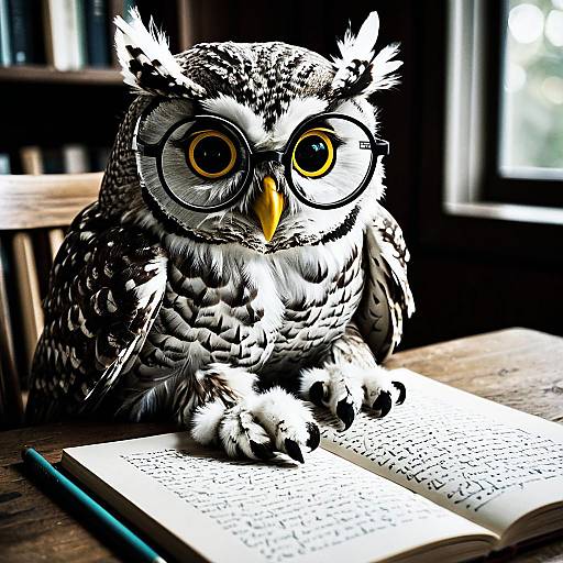 Owl Wearing Reading Glasses with Open Book