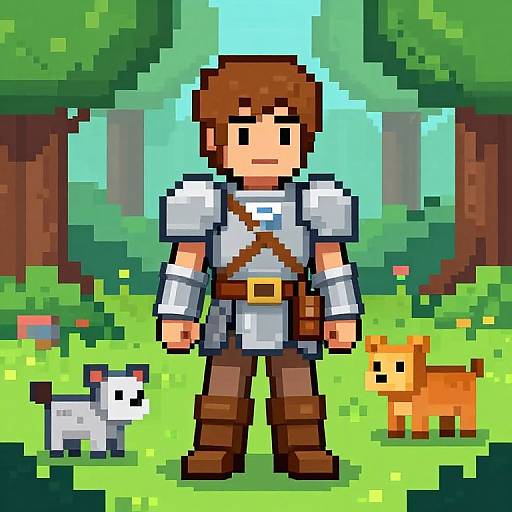 Pixel art of a brown-haired, armored boy standing in a green forest with a white and orange dog beside him. Bright, blocky style.