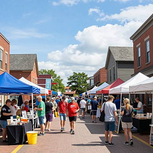 Photograph of a sunny outdoor market with blue, white, and red tents, people in casual summer clothes, brick and wooden buildings under a bright blue