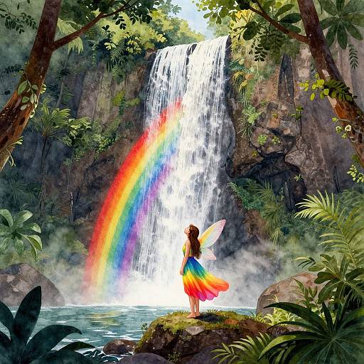 Digital artwork: Fairy with rainbow dress and wings stands at base of waterfall, rainbow arches above, surrounded by lush, tropical forest.