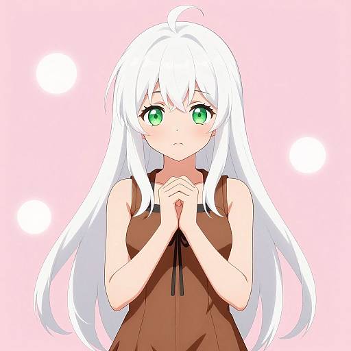 Anime-style digital drawing of a shy, white-haired girl with green eyes, wearing a brown sleeveless dress, hands clasped, against a pink background