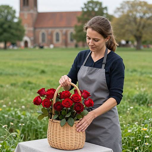 Photograph of a brunette woman in a gray apron, holding a wicker basket of vibrant red roses, standing in a lush green field with a