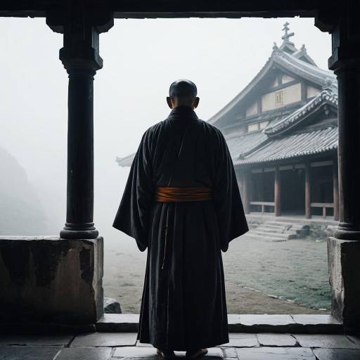 Monk Standing in Foggy Ancient Monastery