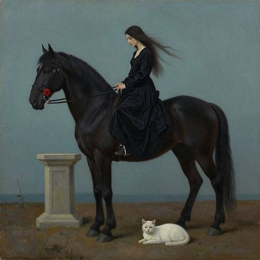 Photorealistic painting of a pale-skinned woman with long black hair, wearing a black dress, riding a black horse with a red bit, beside