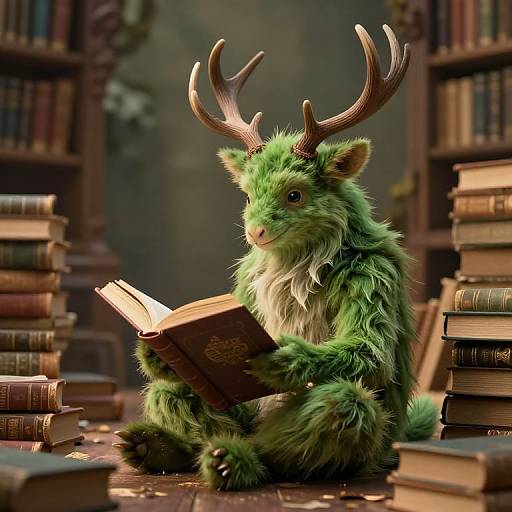 Photograph-style CGI of a green, furry, antlered creature reading a book amidst stacked books in a dim, book-filled library.