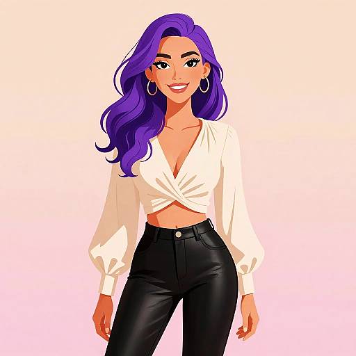 Digital illustration of a smiling woman with long purple hair, wearing a white tied blouse and black leather pants, against a gradient pink-white background.