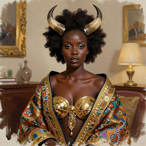 Photorealistic digital portrait of a dark-skinned woman with curly hair, gold horns, and intricate, colorful African-inspired attire, standing in a warmly