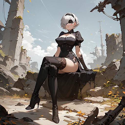 Anime Girl in Black Dress Sitting in Wasteland
