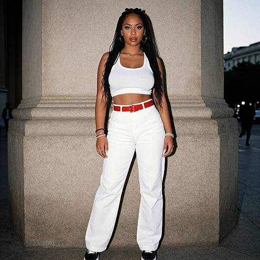 Photograph of a Black woman with long braided hair, wearing a white crop top, white high-waisted pants, and red belt, standing