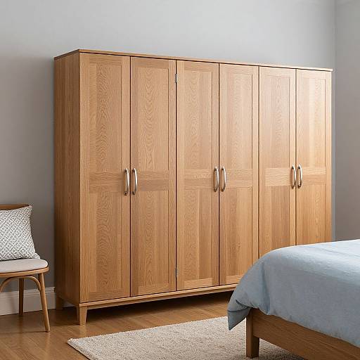 Photograph of a light wooden wardrobe with four doors, silver handles, and natural wood grain, beside a blue-bedded room.