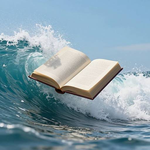 Photograph of an open book floating above a powerful ocean wave with white foam, against a bright blue sky.