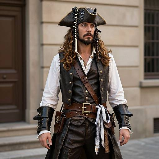 Photograph of a rugged, bearded man with long brown hair, wearing a pirate hat, white shirt, black vest, and brown pants, standing