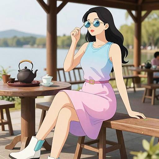 Digital anime-style drawing of a fair-skinned woman with long black hair, wearing sunglasses, blue tank top, pink skirt, and white socks, sitting