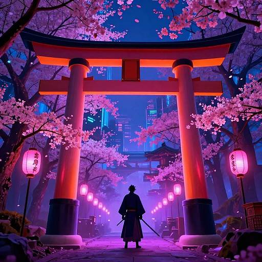Digital artwork of a samurai silhouetted under a glowing red torii gate, surrounded by pink cherry blossoms and purple neon lights.