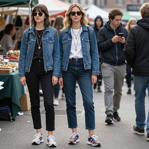 Photograph of two women in denim jackets, black pants, white sneakers, and sunglasses walking at a bustling outdoor market. Background includes vendors and shoppers.