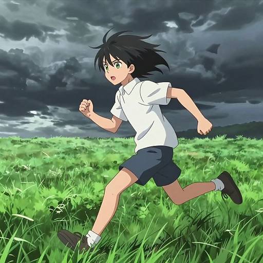 Anime-style digital drawing of a black-haired boy in a white shirt and dark shorts running through a green field under a stormy sky.