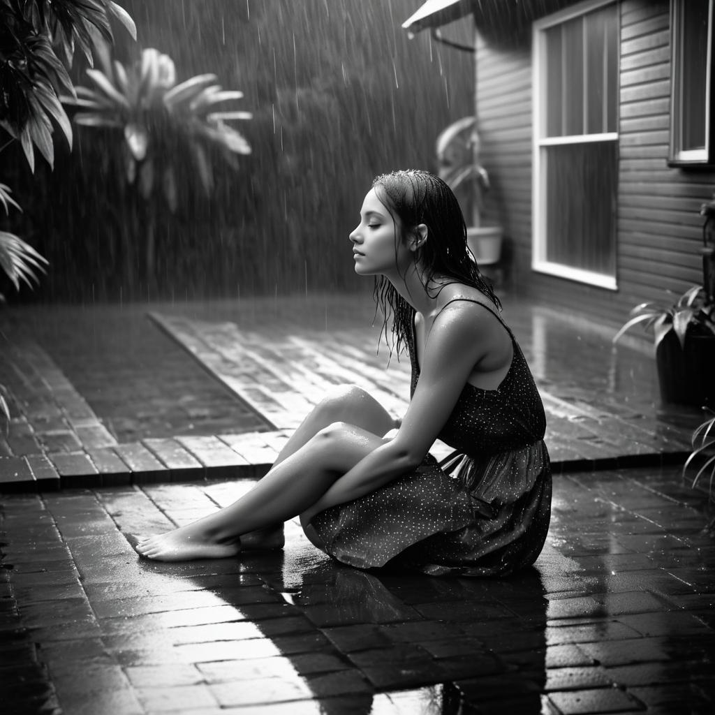 Black and White Rainstorm Portrait Photography