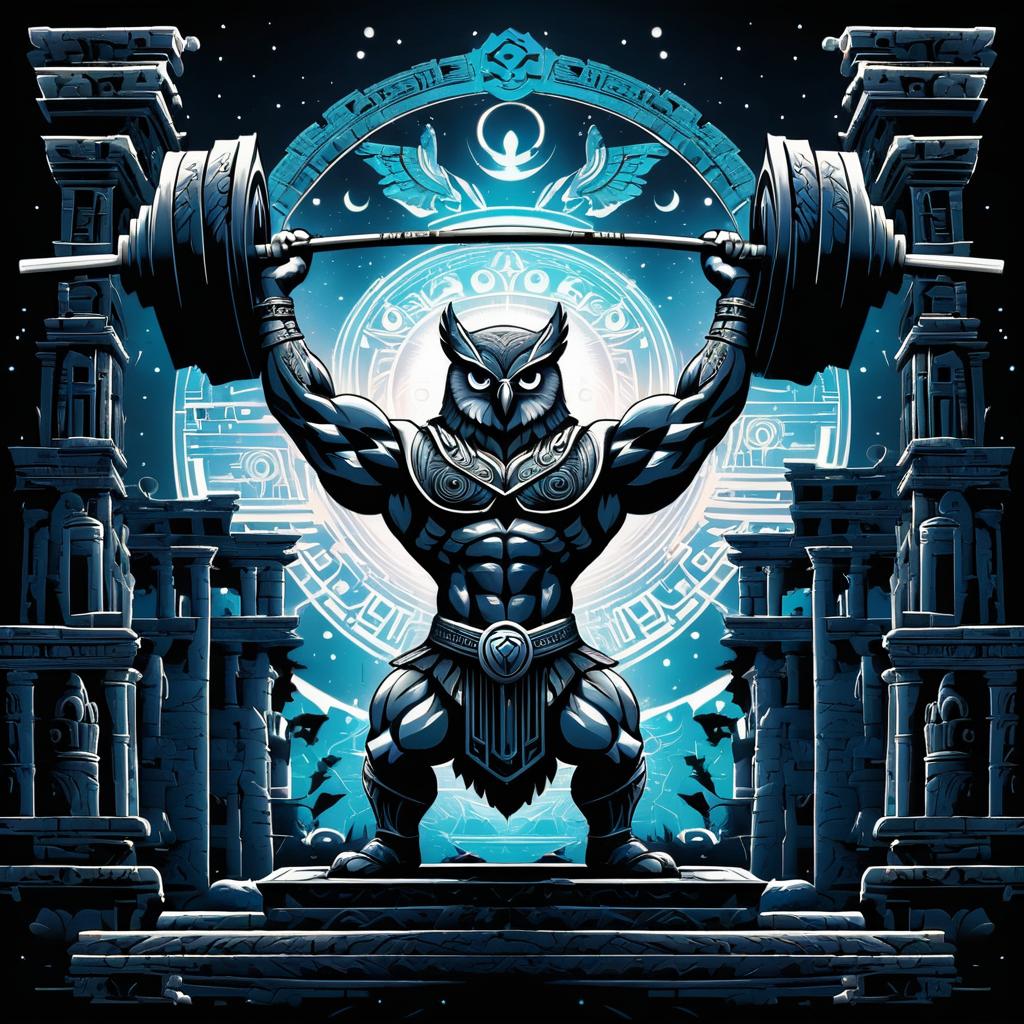 Muscular Owl Lifting Barbell in Ruins