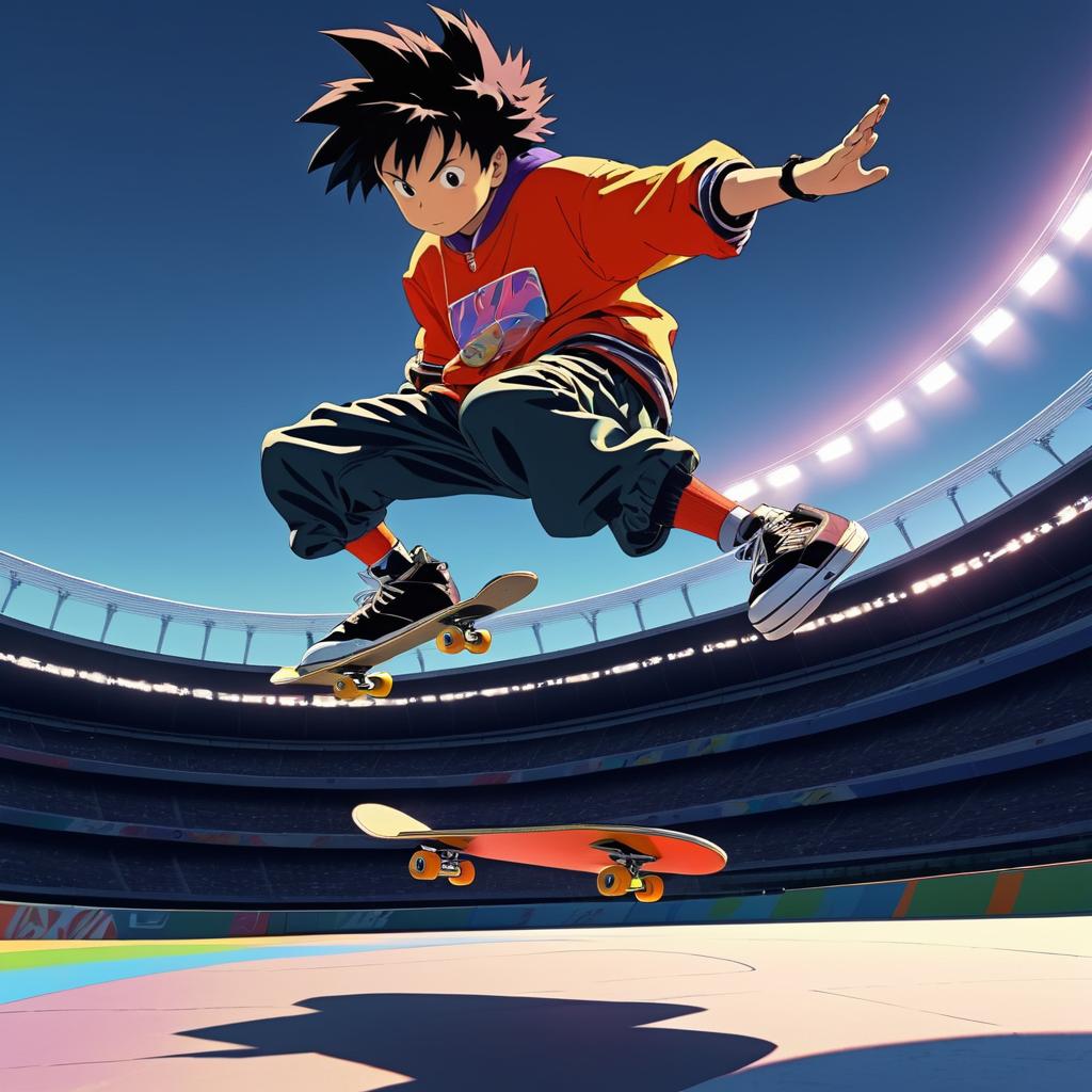 Dynamic 90s Anime Skateboarding Action Scene