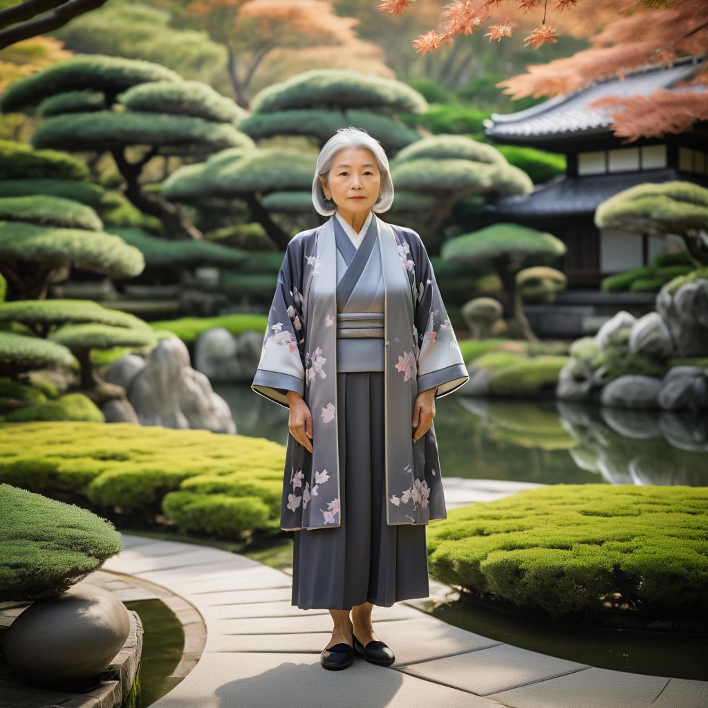 Elegant Elderly Woman in Japanese Garden