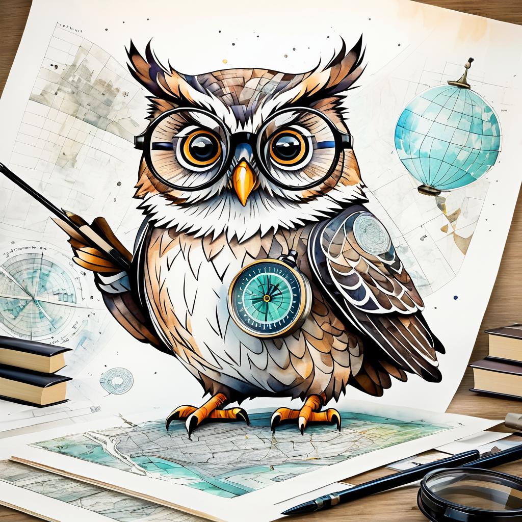 Whimsical Owl Studying a Map Illustration