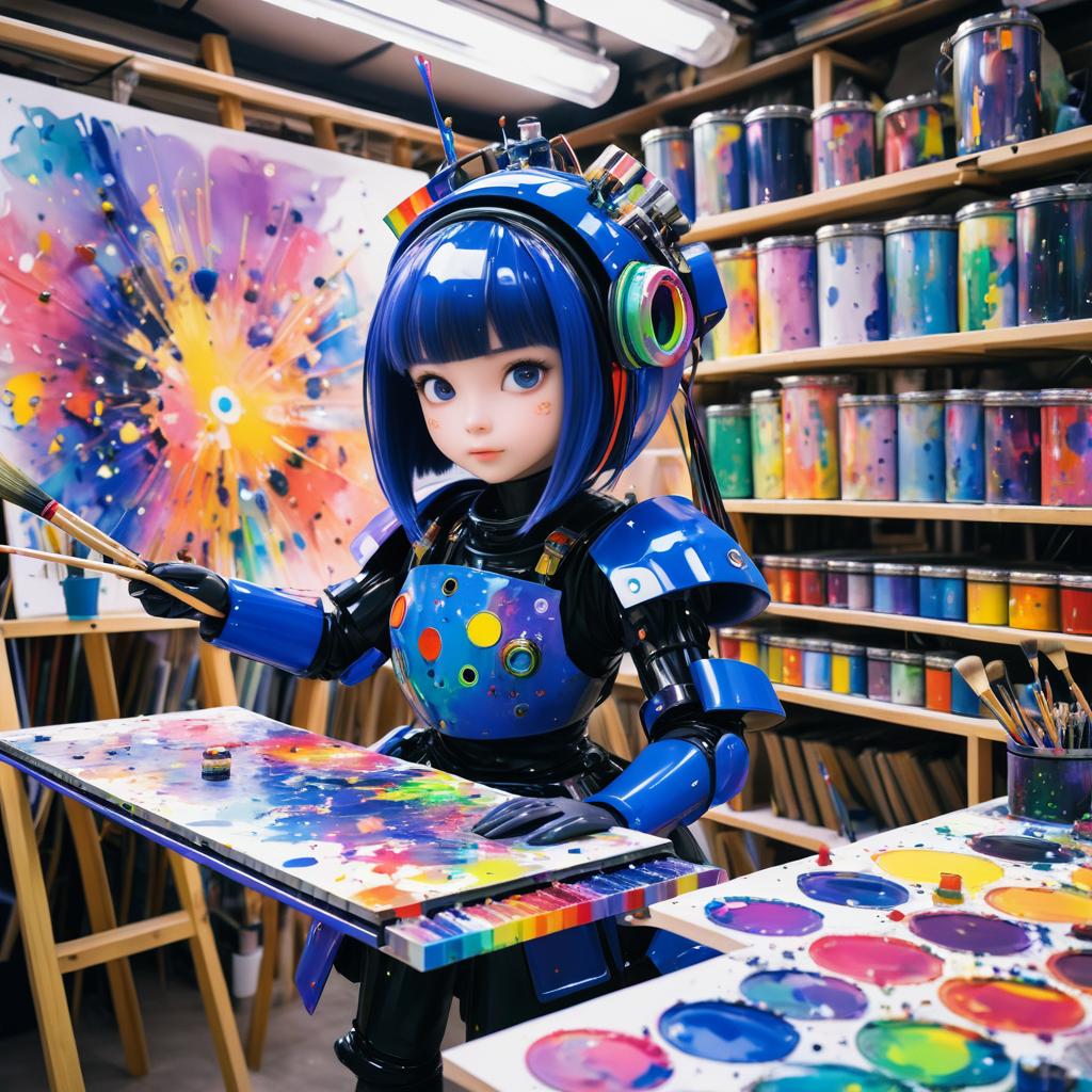 Whimsical Robot Artist in Colorful Workshop