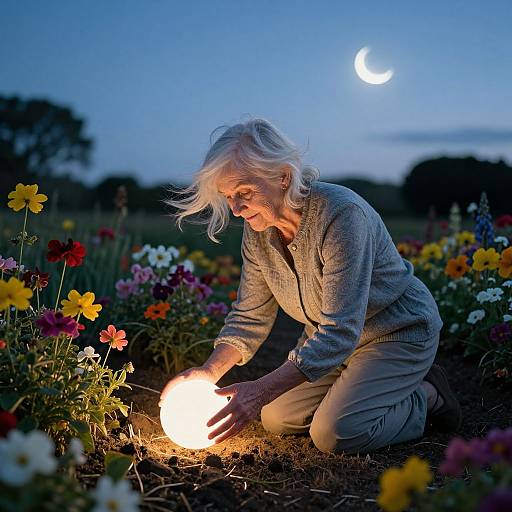 Photograph of an elderly woman with white hair, wearing a gray sweater and beige pants, kneeling by glowing lantern in a twilight garden, surrounded by colorful
