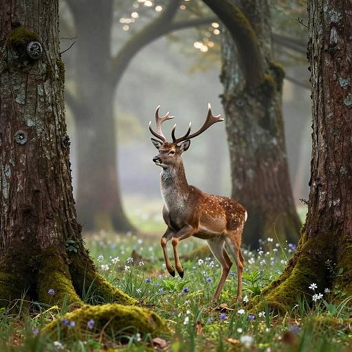 Photograph of a majestic deer with prominent antlers standing gracefully in a misty forest, surrounded by mossy trees and blooming wildflowers.