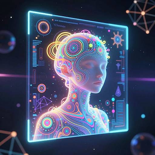 Neon-lit digital portrait of a woman with glowing, colorful, circuit-like patterns on her head and shoulders, set against a futuristic, starry