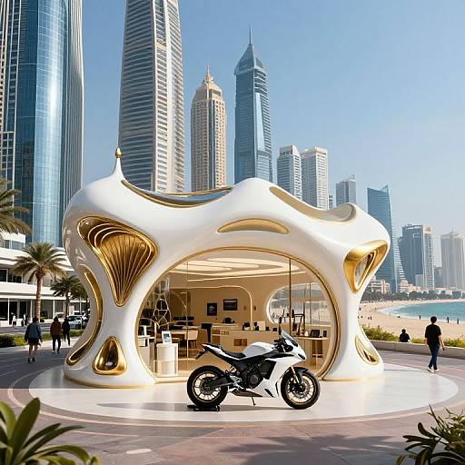 Photograph of a futuristic, white and gold, whale-shaped kiosk with a motorcycle parked outside, set against a backdrop of tall skyscrapers and