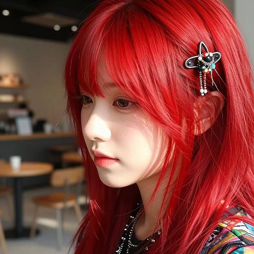 Photograph of a young woman with vibrant red hair, adorned with a black butterfly hair clip, in a sunlit café.