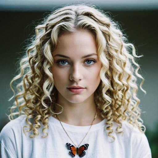 Blonde Woman with Curly Hair and Butterfly Necklace