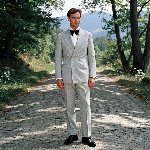 Photograph of a handsome man in a light gray pinstripe suit, black bow tie, and black shoes, standing on a sunlit, tree