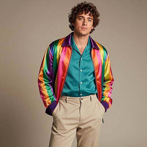 Man in Rainbow Satin Jacket and Teal Shirt
