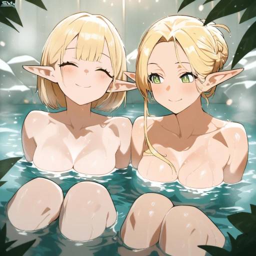 Whimsical Elves Bathing by Water