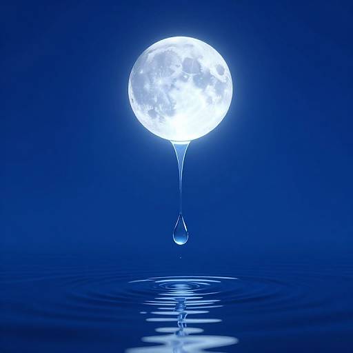 Photograph of a glowing full moon with a single water droplet falling, creating ripples in a deep blue water surface.