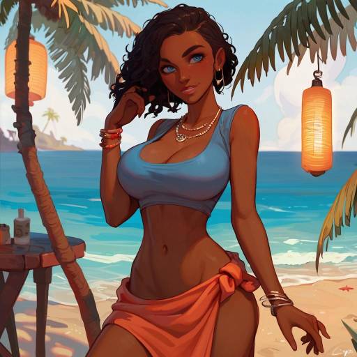 Young woman on tropical beach at sunset