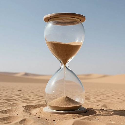 Photograph of a clear glass hourglass with sand trickling, set in a sunlit, sandy desert landscape under a clear blue sky.