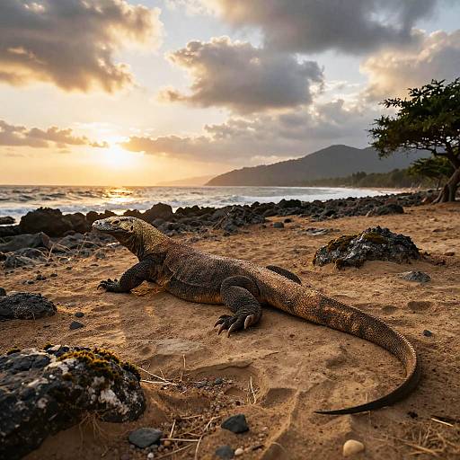 Photograph of a large, textured, brown iguana lying on a rocky, sandy beach at sunset, with a dramatic, cloud-filled sky and