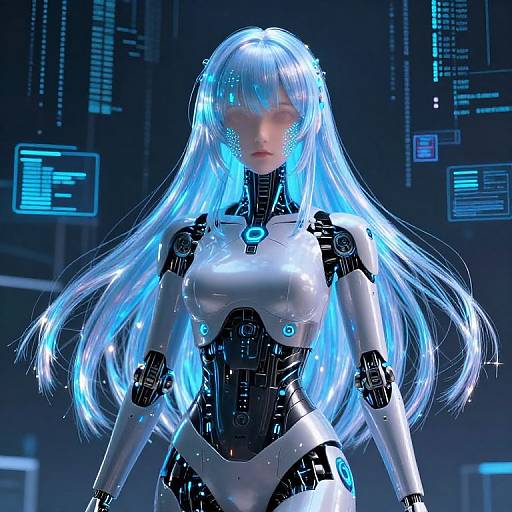 CGI image of a glowing blue-haired, cybernetic woman with white and black robotic armor in a futuristic, dark-tech background.