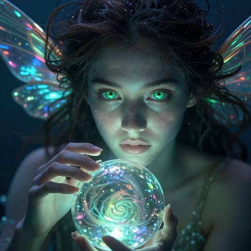 Photograph of a glowing fairy girl with green eyes, holding a magical, iridescent orb, surrounded by colorful, luminescent wings.