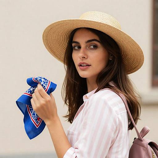 Woman in Striped Blouse and Hat