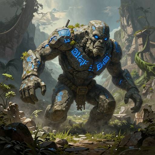 Digital fantasy artwork of a glowing blue-lit, muscular stone monster with tribal markings, crouching in a lush, ancient jungle ruins.
