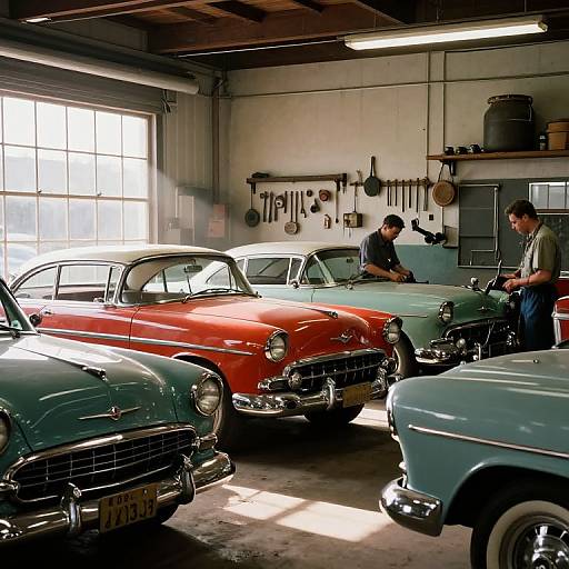 Photograph of a vintage garage with sunlight streaming in, two men working on classic cars, red, blue, and teal 1950s models,